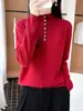 Suéter de Punto de Lana Pura Nuevo Invierno 2026 Cuello Medio Medio Abierto Manga Larga Color Sólido Botón Suéter de Lana Superior para Mujer
