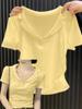Camisa Polo de Manga Corta Camiseta Hombro Derecho Nuevo Estilo 2026 Top de Mujer Cuello en V Nicho Ajustado Ceñidor de Cintura Media Manga Manga Corta Ta4026