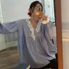 Camisa Feminina Ins Estilo Blogueira Coreana Fofa Jovem Casual Vibe Preguiçosa Listrada Renda Decote V Solta Emagrecedora Manga Longa