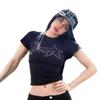 Camiseta feminina estilo americano, estampa de estrela, estampa de umbigo exposto, gola redonda, slim, estampa de umbigo exposto, jaqueta corta-vento, atacado
