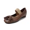 Zapatos Mary Jane para Mujer con 3.5CM de Altura Interior, Zapatos de Tacón Medio para Otoño, Piel Genuina, Punta Redonda, Hebilla Única, Corte Bajo, Zapatos de Borla para Mujer
