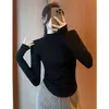 2026 Nueva Camiseta Térmica de Base para Mujer Otoño/Invierno de Cuello Alto, Corte Ajustado, Color Sólido, Manga Larga, Top Cálido Cepillado