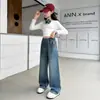 Jeans Rectos Holgados de Cintura Alta con Bolsillos para Niñas de Primavera y Otoño, Pantalones Largos Casuales de Pierna Ancha Estilosos y Versátiles, Estilo de Moda