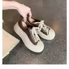 Versão em Couro de Vaca~Mesmo Estilo da Mãe Uva Couro Genuíno Versátil Bico Redondo Aumento de Altura Solado Grosso Tênis Desgastado para Mulheres Sapatos Esportivos Casuais