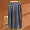 Novo Outono/Inverno Malha 100% Lã Pura Saia Midi com Fenda Feminina Cintura Alta para Trabalho Emagrecedora Quente Justa ao Corpo