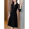 Descuento de Marca Saldo de Liquidación: Elegante Vestido de Malla con Escote en V, Lazo, Cintura Alta, Corte A, Adelgazante, Manga Larga, Moderno y Versátil