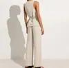 Traje de Algodón y Lino Transfronterizo Más Vendido para Mujer Estilo Commuter Chaleco sin Mangas de Encaje con Cuello Cuadrado Pantalones de Pierna Ancha de Cintura Alta Conjunto de Dos Piezas