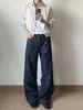 Jeans de Mezclilla Cruda Lavada de Alta Calidad con Rayas Negras y Azul Oscuro, Corte A, Pierna Recta, Ligeramente Acampanados, Pantalones Largos de Pierna Ancha, Modernos
