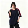 Camiseta de Verano Unisex Estilo Universitario, Cuello Redondo, Manga Corta, Algodón Puro, Rayas de Bloque de Color Estilo Americano, Holgada Casual Deportiva de Manga Tres Cuartos