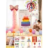 Decoración de primer cumpleaños con notas adhesivas de colores, pastel, tablero KT, globos para niños y niñas, accesorios para fotos de escena de hotel, pared de fondo