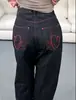 Pantalones de Pierna Ancha Bordados de Corazón Lavados con Puntada Roja Dongdaemun Corea del Sur para Mujer Jeans Casuales Sueltos para Mujer 15663