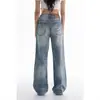 Jeans de Mezclilla Lavada Azul Retro Nostálgico para Mujer, Tendencia Verano 2025 Nuevo Estilo, Pierna Recta, Ligeramente Acampanados, Pierna Ancha, Pantalones Largos hasta el Suelo