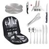 Vajilla portátil de acero inoxidable transfronteriza, cortador de alimentos, bolsa de picnic para acampar, plato de barbacoa, cuchara, tenedor, traje para exteriores