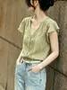 Camisa de Manga Curta Estilo Francês para o Dia a Dia de Mulheres, Novo Modelo Verão 2026, Manga Levemente Babada com Renda e Patchwork, Top Emagrecedor Elegante