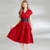 Vestido Estilo Hepburn Adelgazante de Cintura para Mujer, Nuevo Vestido Negro Pequeño Slim de Cintura Ceñida con Cuello en V con Cinturón