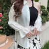 Camisa de Protección Solar de Manga Larga Talla Grande Runqi para Mujeres de Talla Grande, Mangas Fruncidas Negras y Blancas, Camisa Delgada de Protección Solar Pura Deseo Tencel N8402