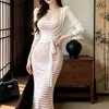 Estilo Socialite Renda Cadarço Malha Cardigã Chique Listrado Suspensório Cintura Marcada Abraça o Quadril Vestido Feminino de Verão Longo Conjunto de Duas Peças