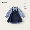 Vestido de manga comprida Bongxuan para crianças mais velhas, coleção de outono, estilo preppy, vestido longo infantil com babados, falso duas peças, vestido estiloso para meninas