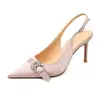 Sapatos Salto Alto Rosa Stiletto Bico Fino com Strass Estilo Francês, Sandálias Fechadas sem Costas de Cetim para Mulheres, Sapatos de Alta Qualidade para Madrinhas