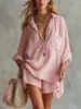 2026 Moda de Verão Europeia e Americana Transfronteiriça Novo Conjunto de Shorts de Praia com Bolso e Camisa de Algodão e Linho para Mulheres