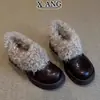 Versión de Piel de Oveja de Zapatos Pequeños de Cuero con Tacón Grueso para Mujer en Otoño e Invierno Zapatos Cálidos de Algodón de Lana Forrados de Polar Zapatos Mary Jane de Suela Gruesa Mocasines