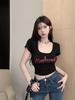 Top corto de modal con estampado de letras, corte bajo, para mujer, verano, cuello U, ajustado, dulce, sexy, camiseta americana de manga corta