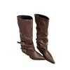 Botas Altas de Tacón Grueso para Mujer 2026 Nuevo Otoño Punta Fina Botas Fruncidas Botas Largas Botas para Pantalón Botas de Montar