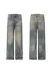Vibe da High Street Americana Jeans Rasgado Lavado Retrô Masculino Tendência Perna Reta Efeito Emagrecedor Cleanfit Calça Longa