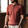 Nova Camisa de Malha Masculina com Gola Henley de Manga Curta em Seda de Gelo Lyocell Estilo Old Money, Top Versátil da Moda Outono para Homens