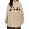 Outono Inicial Retrô Americano Estilo Solto Preguiçoso Marca da Moda Unissex Divertido Bordado de Gato Camisa de Veludo de Manga Longa Top