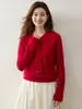 Suéter feminino de malha com decote em V, design de fita, mangas compridas, solto, com temperamento, estilo francês gentil, toque de alta qualidade