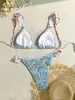 Nuevo Bikini Floral Plisado de Estilo Campestre Talla Grande con Escote Halter y Volantes en los Tirantes Traje de Baño de Dos Piezas para Vacaciones en la Playa Mujeres