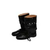 Sandalias de encaje estilo francés Chuyuji para mujer, nuevos zapatos poco profundos de punta cuadrada de dos vías 2026, botas de motociclista, botas de tacón plisadas
