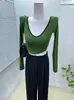 Ins Internet Popular Estilo Extranjero Color de Contraste Cuello en V Ajustado Sexy Manga Larga Camiseta Mujer Corta Ajustada Camisa Base Interior Top Delgado