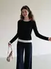 Elegante top de punto retro de bloques de color, imitación de dos piezas para mujer, camiseta de manga larga con cuello redondo para principios de otoño, ideal para capas
