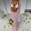 Biquíni de Três Peças com Gola Halter Roupa de Banho Feminina Europeia e Americana Sexy com Renda Mangas Longas Saia Longa Roupa de Banho de Três Peças
