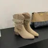 Botines de Tacón Grueso con Punta, Hebilla de Cinturón, Fruncidos Apilados, Otoño Invierno, Nuevos Botines de Tobillo Estilo Vaquero Occidental Vintage para Mujer