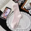 Calcetines Finos de Algodón para Mujer Primavera y Verano, Estilo Ballet Color Sólido con Adorno de Encaje, Calcetines de Malla Holgados, Calcetines a Media Pantorrilla Zhuji