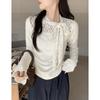 Camiseta de Manga Larga con Cuello Alto y Encaje Francés para Mujer, Estilo Nuevo Otoño e Invierno, Top con Aberturas y Cordones