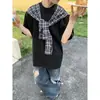 Camiseta Splicing de Verão com Manga Curta e Design Nicho Cleanfit para Homens e Mulheres, Top Pesado de Meia-Manga da Marca Trendy