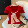 Camiseta de Manga Corta a Rayas con Parches y Cuello Chal Azul Marino Talla Plus, Falso Dos Piezas, Top Corto Elegante para Verano