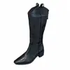 Botas Western Retro de Tacón Alto y Punta Aguda para Mujer, Para Estatura Baja, Tacón Grueso, Altas hasta la Rodilla, Negras