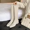 Botas Altas hasta la Rodilla de Mujer Estilo Coreano Temperamento Punta Cuadrada Huecas Tacón Grueso Blanco Crudo Ajustadas Largas con Cremallera Lateral Talla Grande