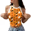 2026 Camiseta sin mangas con estampado de calabaza esqueleto de Halloween para chica atractiva, top corto sin mangas, camiseta novedosa divertida