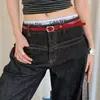 Cinturón delgado de piel de vaca de dos capas con hebilla metálica rosa para mujer, diseño de alta gama, adecuado para combinar con jeans, elegante accesorio de cinturón