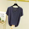 Camiseta base de modal estilo coreano para mulheres, corte solto, plus size, manga curta, adequada para usar em camadas, nova blusa primavera/verão, camiseta lisa, camiseta com decote V