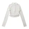 Bt693-25 Nuevo Estilo de Otoño Estilo Europeo y Americano Sexy Plisado Ajustado Cuello Semi-Alto Cremallera Mangas Largas Camiseta