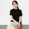 Elegante blusa de crepé de seda de color liso con manga corta para mujer, cuello mao, adelgazante, plisada, hecha de seda de morera, fresca para el verano