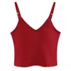 Nova Camisola Feminina de Algodão Canelado com Decote em V para Primavera/Verão, com Bojos Embutidos, Alças Ajustáveis e Barriga Exposta