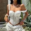Camisola Branca Bordada com Renda e Babados para Mulheres, Verão Slim Fit Estilo Pura Desejo Tubinho Corset